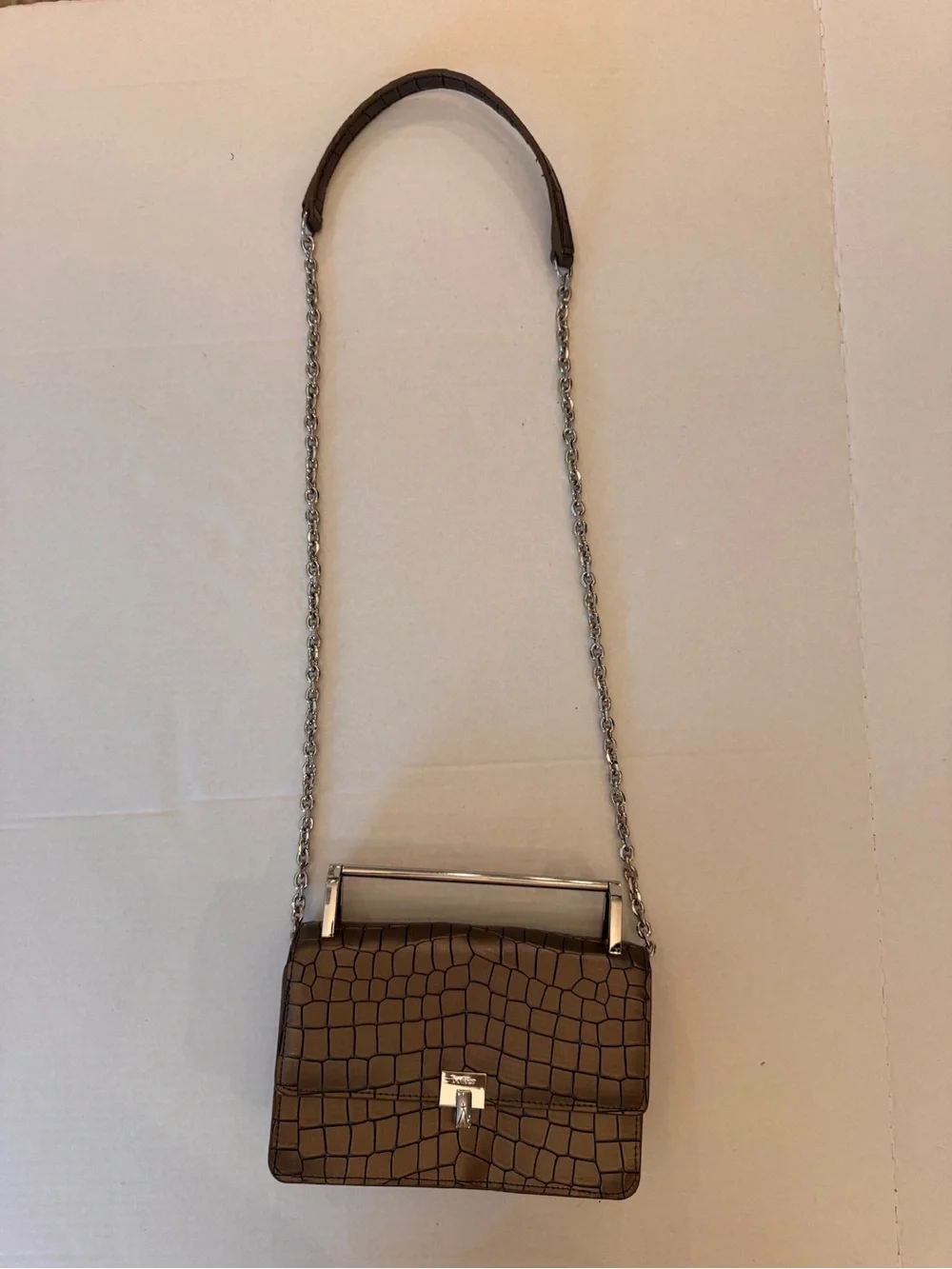 VTG BOTKIER LENOX GUNMETAL CROC LEATHER CHAIN CROSS BODY TOP HANDLE BAG PURSE